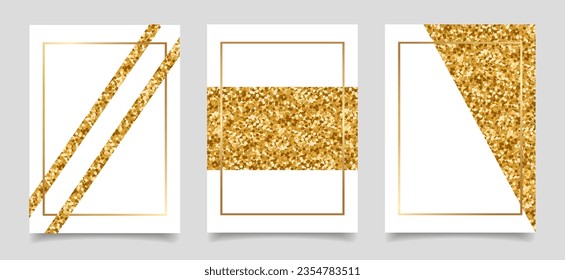 A set of luxury elegant posters with gold frames and glitter. Templates with place for text, brochures, backgrounds, vector