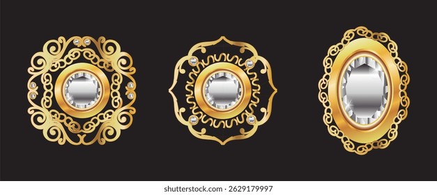 Set Luxury fashion icons. Gemstone and bracelet, brooch and trinket, emerald