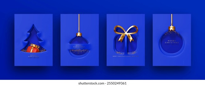 Conjunto de luxo cartão de Natal festivo com desenhos recortados em fundo azul vibrante. Cartaz mínimo de Natal com árvore de Natal, bola de ornamento, caixa de presente, confete de brilho de ouro interior. Ilustração vetorial