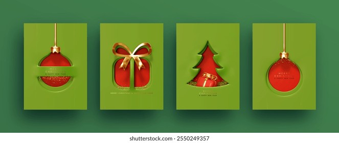 Set of luxury Festive Christmas cards with cutout designs on vibrant red background. Christmas minimal poster with Xmas tree, ornament ball, gift box, inside green colors. Vector illustration