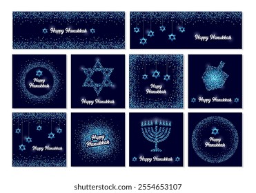 Set of Luxury Festive Happy Hanukkah backgrounds with sparkles and glitter