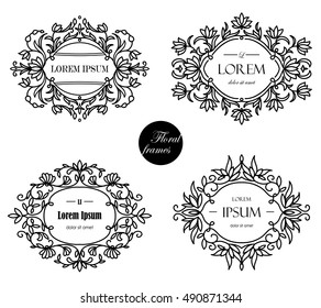 Set of luxury floral frames. Design template for banner, card, invitation, label, emblem etc. Elegant linear vintage vector illustration.