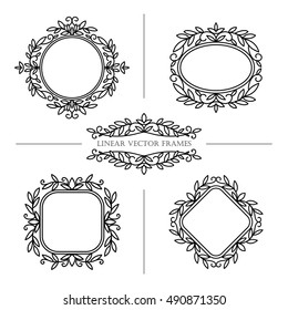 Set of luxury floral frames. Design template for banner, card, invitation, label, emblem etc. Elegant linear vector illustration.