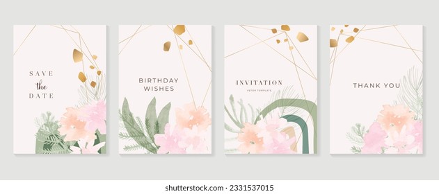 Set of luxury floral invitation card background vector. Hand drawn botanical flower, leaf branch with watercolor texture. Design illustration for flyer, poster, banner, brochure, wedding, birthday.