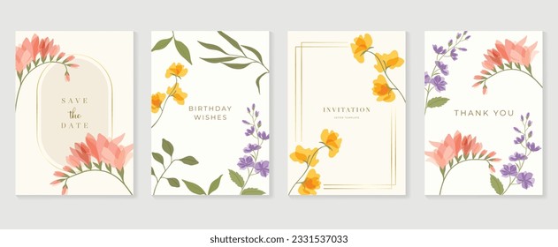 Set of luxury floral invitation card background vector. Hand drawn vibrant color botanical flower and leaf branch cover. Design illustration for flyer, poster, banner, brochure, wedding, birthday.