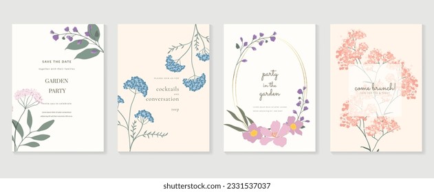 Conjunto de lujosos vectores de fondo de tarjetas de invitación floral. Flor botánica de color vibrante dibujada a mano y cubierta de rama de hoja. Ilustración de diseño para volante, afiche, pancarta, folleto, boda, cumpleaños.