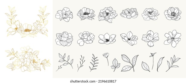 Set of luxury floral vector element. Collection of botanical with rose flowers, leaf branch, wreath, leaves in gold and black hand drawn. Elegant flowers for decorative, prints, logo, wedding, card.