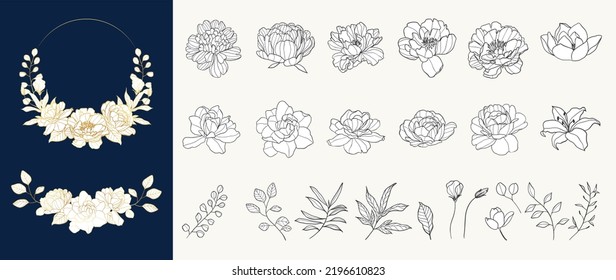 Conjunto de elementos vectoriales florales de lujo. Colección botánica con flores de rosa, rama de hoja, corona, hojas de oro y mano negra dibujadas. Flores elegantes para decorativos, huellas, logo, boda, tarjeta.