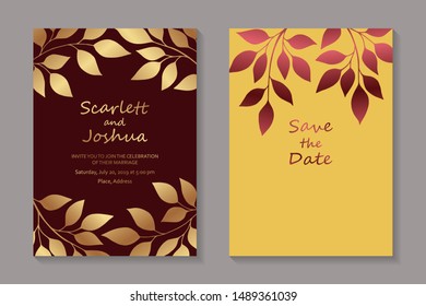 Set of luxury floral wedding invitation design or greeting card templates with golden branches and leaves on red and yellow backgrounds.