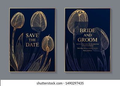 Set of luxury floral wedding invitation design or greeting card templates with golden tulips on a blue background.