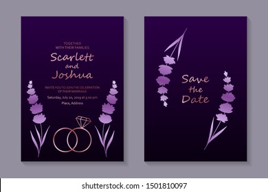 Set of luxury floral wedding invitation design or greeting card templates with purple lavender flowers and rings.