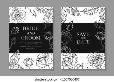 Set of luxury floral wedding invitation design or greeting card templates with silver roses and leaves on a black with white background.