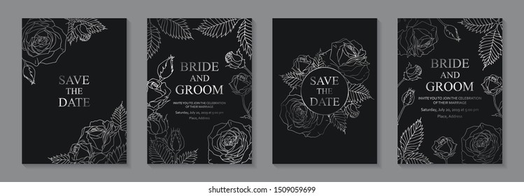 Set of luxury floral wedding invitation design or greeting card templates with silver roses on a black background.