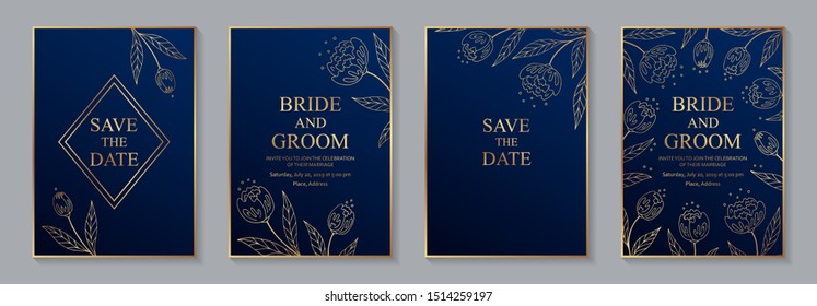 Set of luxury floral wedding invitation design or greeting card templates with golden flowers on a navy blue background.