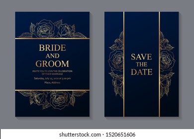 Set Of Luxury Floral Wedding Invitation Design Or Greeting Card Templates With Golden Roses On A Navy Blue Background.