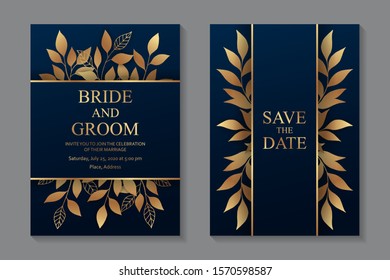 Set of luxury floral wedding invitation design or greeting card templates with golden leaves on a navy blue background.