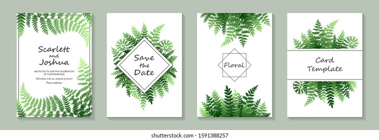 Set of luxury floral wedding invitation design or greeting card templates with green fern leaves on a white background.