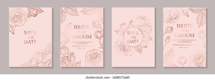 Set Of Luxury Floral Wedding Invitation Design Or Greeting Card Templates With Rose Gold Flowers On A Pink Background.