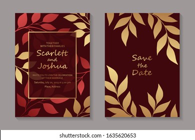 Set of luxury floral wedding invitation design or greeting card templates with golden branches and leaves on a red background.