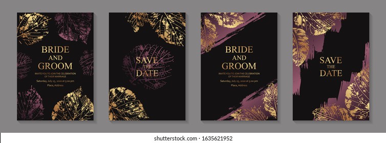 Set of luxury floral wedding invitation design or greeting card templates with golden and purple leaves prints on a black background.