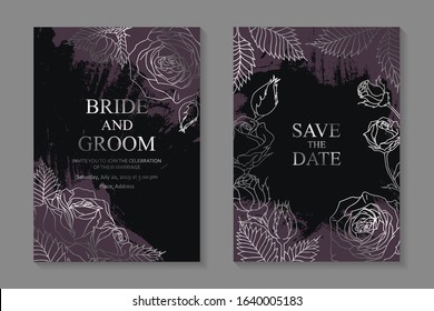 Set of luxury floral wedding invitation design or greeting card templates with silver roses on a pink with black background.