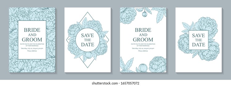 Set of luxury floral wedding invitation design or greeting card templates with blue peonies on a white background.