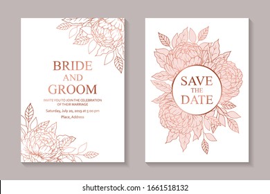 Set of luxury floral wedding invitation design or greeting card templates with rose gold and pink peonies on a white background.
