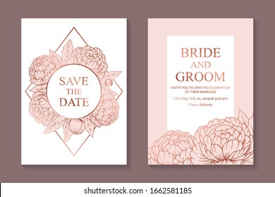 Set of luxury floral wedding invitation design or greeting card templates with rose gold and pink peonies on a white background.