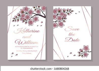 Set of luxury floral wedding invitation design or greeting card templates with sakura branch and flowers on a white background.