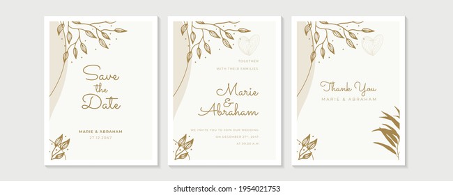Set of luxury floral wedding invitation design or greeting card templates with golden flower and leaves on a calm warm background. Set of templates with golden flowers frame on pink and pastel color