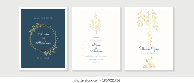 Set of luxury floral wedding invitation design or greeting card templates with golden flower and leaves on a calm warm background. Set of templates with golden flowers frame on pink and pastel color