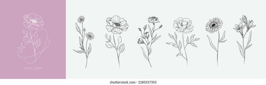 Set of luxury flowers and logo. Trendy botanical elements. Hand drawn line leaves branches and blooming. Wedding elegant wildflowers for invitation save the date card. Vector