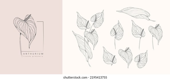 Set of luxury flowers and logo. Trendy botanical elements. Hand drawn line leaves branches and blooming. Wedding elegant wildflowers for invitation save the date card. Vector