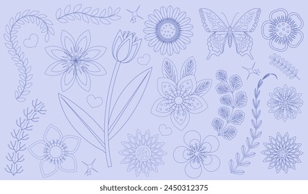 Set of luxury flowers and logo. Trendy botanical elements. Hand drawn line leaves branches and blooming. Wedding elegant wildflowers for invitation save the date card. Vector.