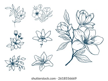 Set of luxury flowers and logo. Trendy botanical elements. Hand drawn line leaves branches and blooming. Wedding elegant wildflowers for invitation save the date card. Vector