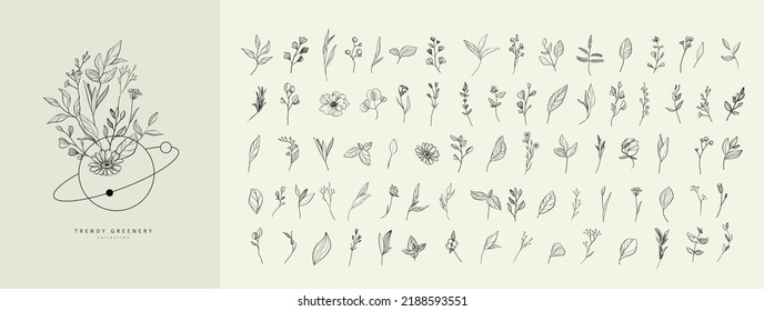 Set of luxury flowers and trendy botanical elements. Hand drawn line leaves branches and blooming. Wedding elegant wildflowers for invitation save the date card. Vector trendy