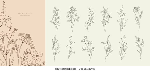 Set of luxury flowers and trendy botanical elements. Hand drawn line leaves branches and blooming. Wedding elegant wildflowers for invitation save the date card. Vector trendy