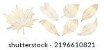 Set of luxury foliage vector element. Collection of botanical with tropical leaves, maple, autumn plant, spring in gold hand drawn pattern. Elegant oriental flowers for decorative, prints, logo.