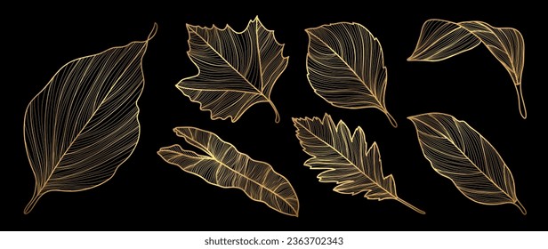 Set of luxury foliage vector element. Collection of botanical with tropical leaves, maple, oak, autumn plant, spring in gold hand drawn pattern. Elegant oriental flowers for decorative, prints, logo.