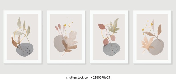 Set of luxury foliage wall art vector. Maple, oak leaves, shapes, earth tone colors, leaf branch in watercolor. Autumn season wall decoration collection design for interior, poster, cover, banner.