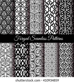 Set of luxury forged seamless patterns. Elegant weave ornament for wallpaper, fabric, paper, invitation print. Stylized damask vector background. Black and white flourish floral motif. Unusual vintage