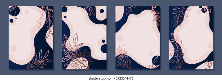 set of Luxury frame border posters with navy geometric shapes, lines, outline pink gold roses. design greeting card of wedding, birthday, Valentine Day, mother day, anniversary, holiday party