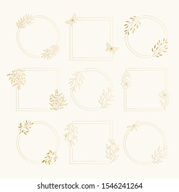 Set of luxury frames and borders with gold flowers and leaves. Vector isolated illustration.