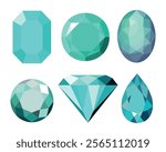 Set of luxury gemstones in cartoon style. Vector illustration of gemstones of different shapes: octagon, round, oval, diamond, drop isolated on white background. Gemstones of green and blue shades.