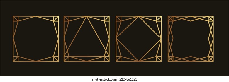 Set of luxury geometric gold frame vector. Gradient gold art deco, antique, vintage style, geometric line shape on black background. Elegant design illustration for card, decoration, poster, banner.