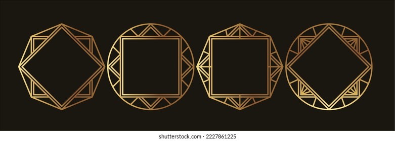 Juego de vectores de marco geométrico de oro de lujo. Decoración de arte dorado degradado, estilo antiguo, vintage, forma de línea geométrica sobre fondo negro. Elegante ilustración de diseño para tarjeta, decoración, afiche, banner.