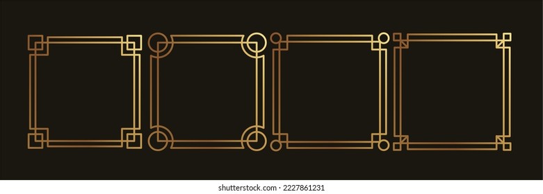 Juego de vectores de marco geométrico de oro de lujo. Decoración de arte dorado degradado, estilo antiguo, vintage, forma de línea geométrica sobre fondo negro. Elegante ilustración de diseño para tarjeta, decoración, afiche, banner.