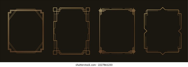 Set von geometrischem goldenem Rahmen, Vektorgrafik. Farbige, polygonale geometrische Form auf schwarzem Hintergrund. Elegante Design-Illustration für Hochzeitseinladungskarte, Dekoration, Poster, Banner.