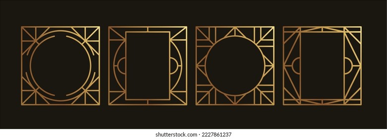 Set of luxury geometric gold frame vector. Gradient gold art deco, antique, vintage style, geometric line shape on black background. Elegant design illustration for card, decoration, poster, banner.