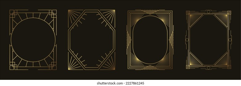 Juego de vectores de marco geométrico de oro de lujo. Decoración de arte dorado degradado, estilo antiguo, vintage, forma de línea geométrica sobre fondo negro. Elegante ilustración de diseño para tarjeta, decoración, afiche, banner.